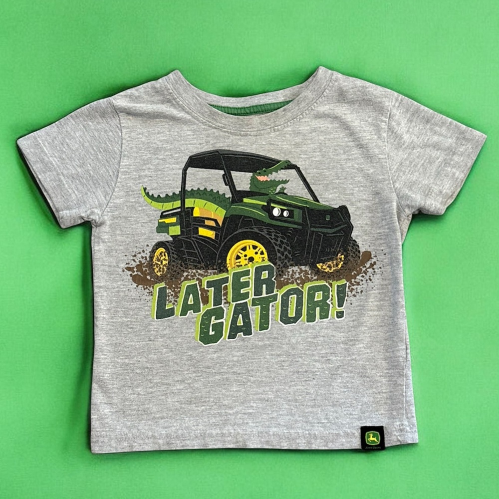 🐊 John Deere Grey Kids Boys T-Shirt Alligator Gator Tractor Graphic Size 2T